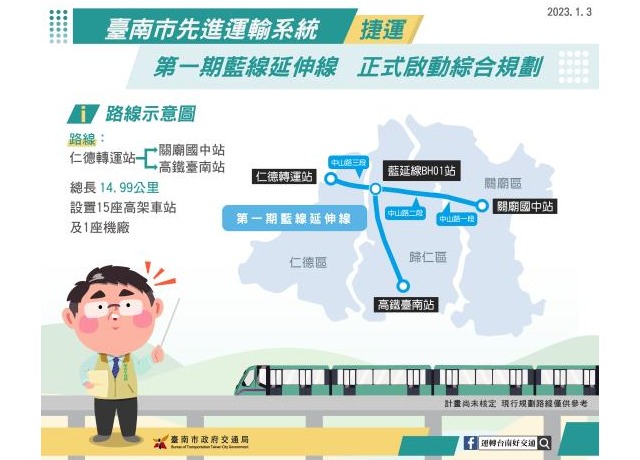 台南捷運第一期藍線延伸線 將正式啟動綜合規劃作業